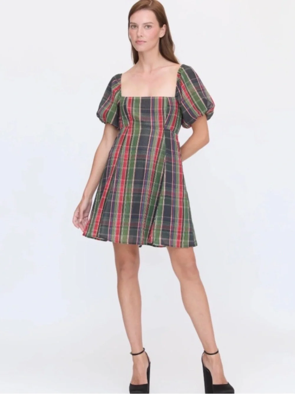 plaid square neck mini dress Brown Plaid Square Neck Crossback Mini Dress